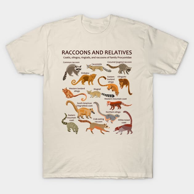 Raccoons and relatives: Coatis, olingos, ringtails, and raccoons (light background) T-Shirt by ELMayer